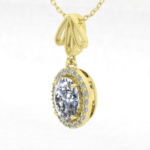 Oval Diamond Halo Necklace Flower Filigree Design Yellow Gold LS7197