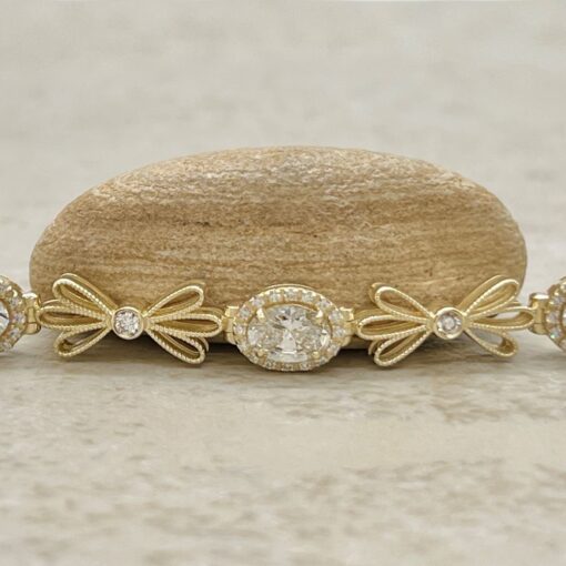 Oval Lab Grown Diamond Halos Bracelet Flower Design Yellow Gold LS7198