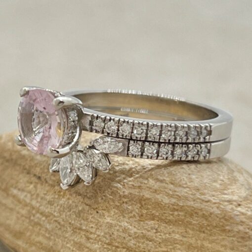 Pink Sapphire Crown Diamond Band Bridal Set White Gold Platinum LS7233