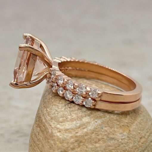 Cushion Peachy Pink Morganite Ring Diamond Band Set Rose Gold LS7242