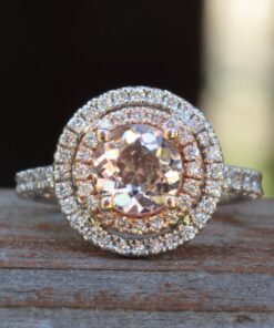 Double Halo Morganite Ring Flower Filigree White Gold Platinum LS4907