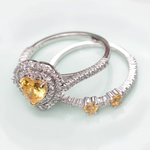 Heart Yellow Sapphire Diamond Halo Ring Set White Gold Platinum LS7191