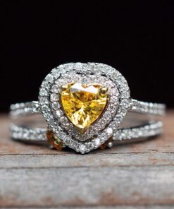 Matching Heart Cut Yellow Sapphire Ring Set White Gold Platinum LS7191