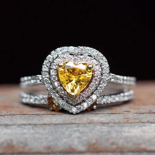 Matching Heart Cut Yellow Sapphire Ring Set White Gold Platinum LS7191