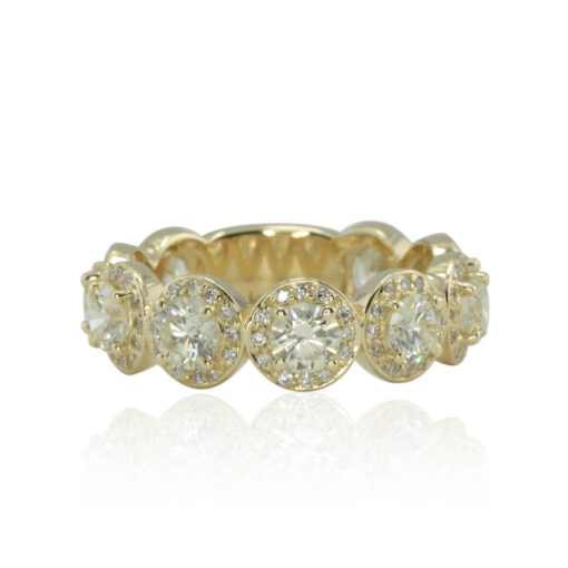 Nine Center Round Cut Diamond Halo Ring Lab Organic Yellow Gold LS4503