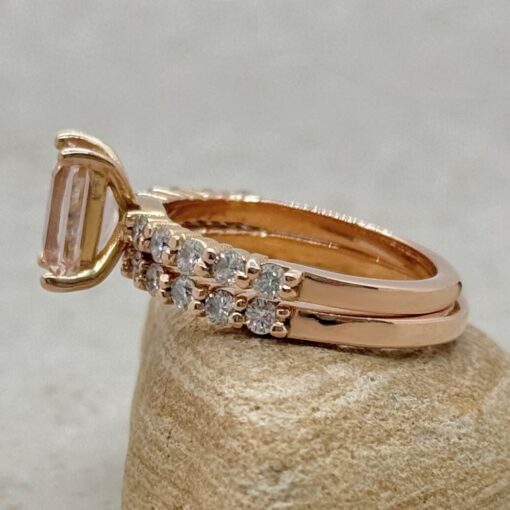 Peachy Pink Radiant Morganite Ring Set Diamond Band Rose Gold LS7240