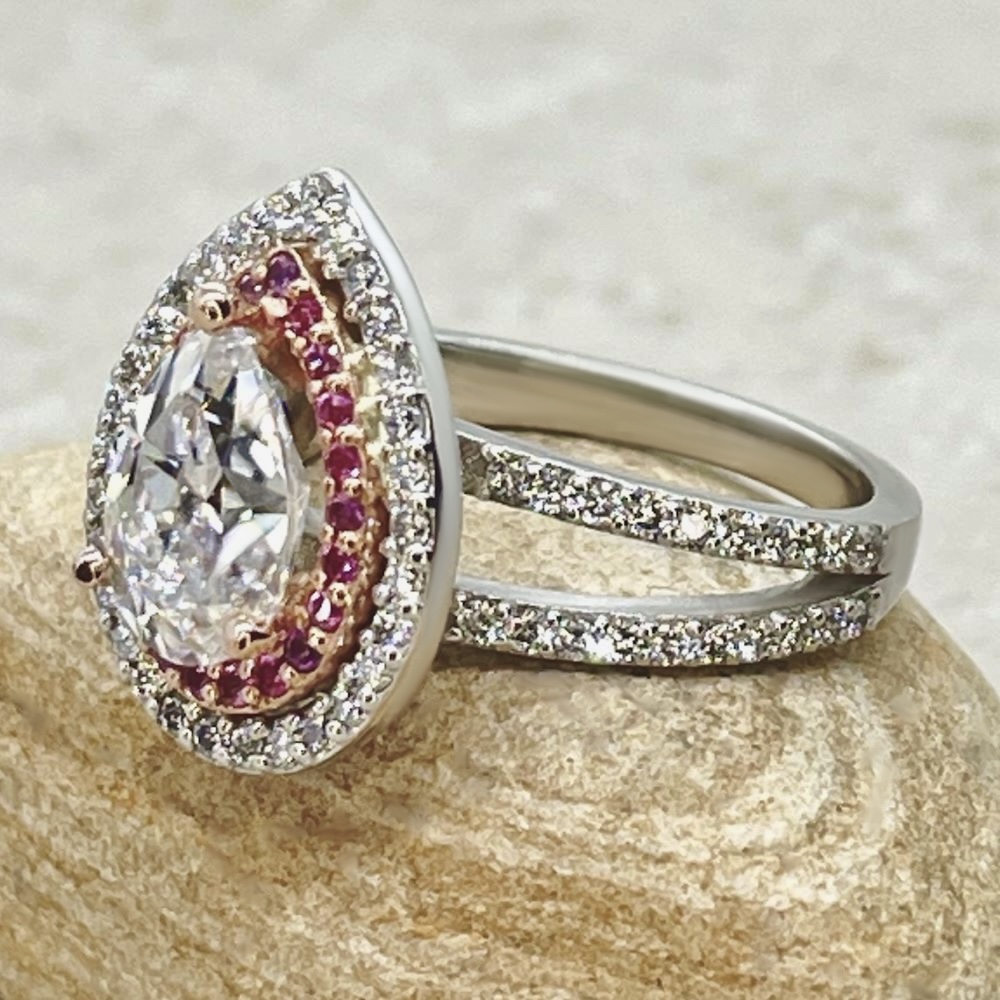 Pear Cut Moissanite Dark Pink Sapphire Ring White Gold Platinum LS455
