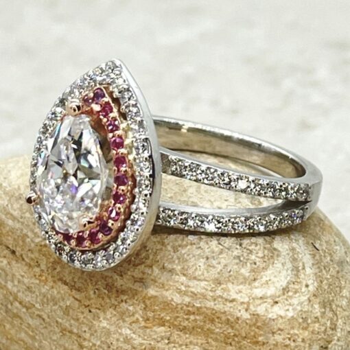 Pear Cut Moissanite Dark Pink Sapphire Ring White Gold Platinum LS455