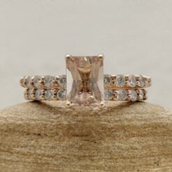 Radiant Cut Morganite Ring Diamond Wedding Band Set Rose Gold LS7240