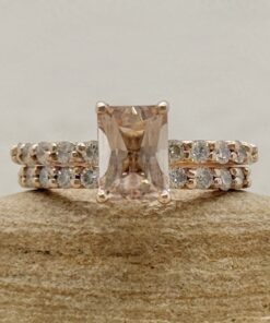 Radiant Cut Morganite Ring Diamond Wedding Band Set Rose Gold LS7240