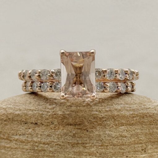 Radiant Cut Morganite Ring Diamond Wedding Band Set Rose Gold LS7240