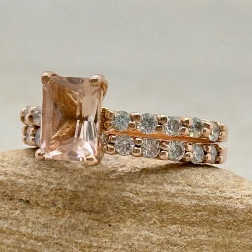 Solitaire Radiant Cut Morganite Ring Set Diamond Band Rose Gold LS7240