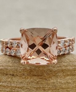 Square Cushion Peachy Pink Morganite Diamond Ring Set Rose Gold LS7242