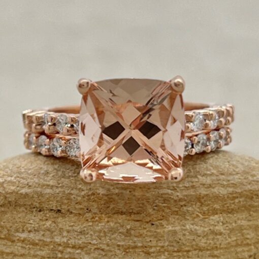 Square Cushion Peachy Pink Morganite Diamond Ring Set Rose Gold LS7242