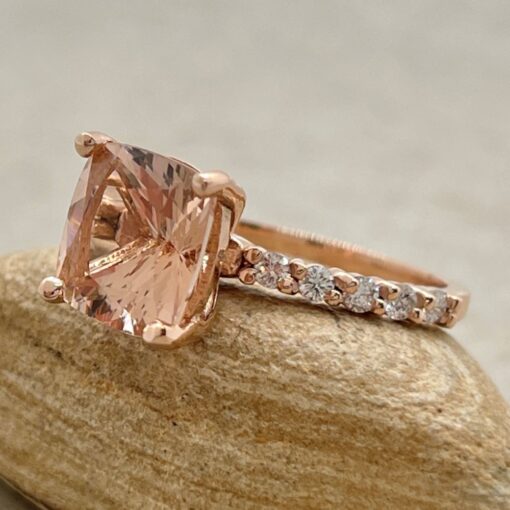 Square Cushion Peachy Pink Morganite Engagement Ring Rose Gold LS7241