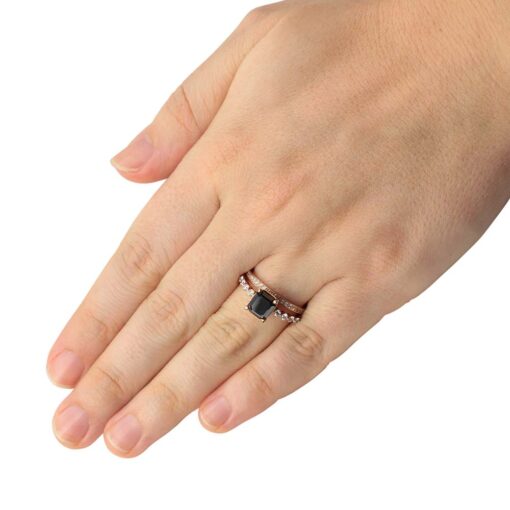 Square Cut Black and White Diamond Ring Lab Organic Rose Gold LS3146