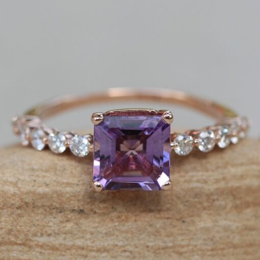 Asscher Amethyst February Birthstone Engagement Ring Rose Gold LS6792