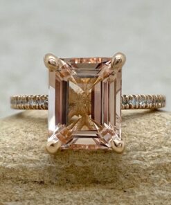 Emerald Cut Peach Morganite Diamond Engagement Ring Rose Gold LS5078