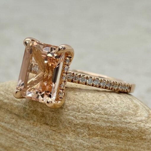 Genuine Peach Morganite Hidden Halo Engagement Ring Rose Gold LS5078