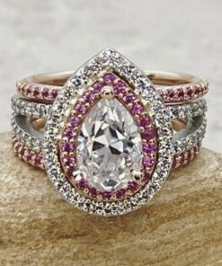Lab Diamond Pink Sapphire Bridal Ring Set White Gold Platinum LS7187