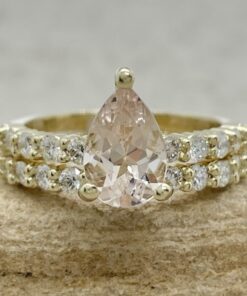 Morganite Engagement Ring Set Diamond Wedding Band Yellow Gold LS6824