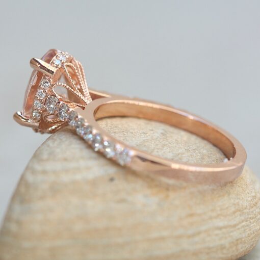 Oval Morganite Halo Ring Lab Diamond Side 14k Rose Gold LS6388