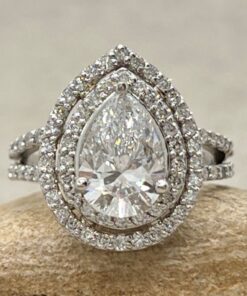 Pear Cut Lab Diamond Halo Ring Split Shank White Gold Platinum LS7239