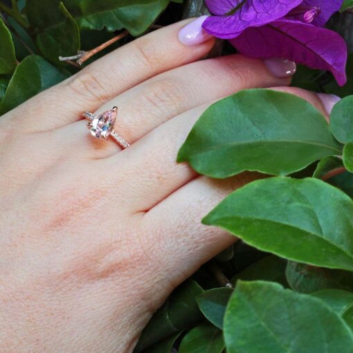 Pear Cut Peach Morganite Engagement Ring Hidden Halo Rose Gold LS5079