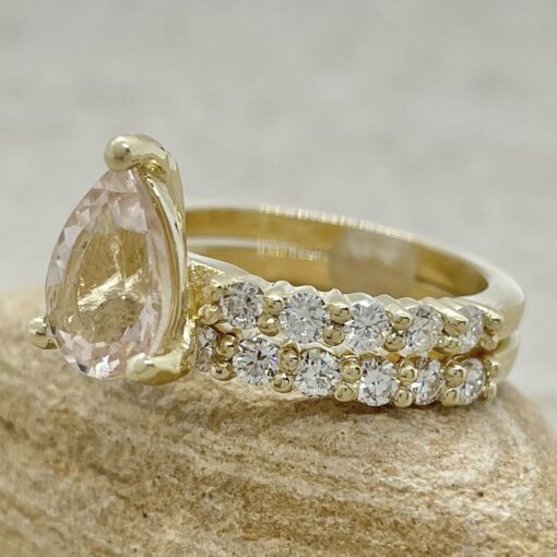 Pear Morganite 10 Diamond Engagement Ring Set Band Yellow Gold LS6824