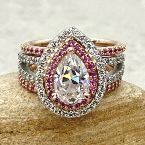 Pink Sapphire DEF Moissanite Ring Set Rose White Gold Platinum LS7187