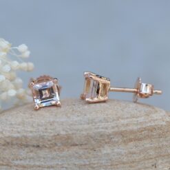 Princess Cut Morganite Earrings Tiny Push Back Studs Rose Gold LS6793