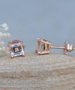 Princess Cut Morganite Earrings Tiny Push Back Studs Rose Gold LS6793