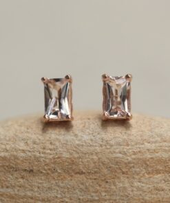 Radiant Cut Peach Morganite Earrings Push Back Stud Rose Gold LS6385
