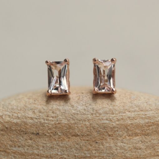 Radiant Cut Peach Morganite Earrings Push Back Stud Rose Gold LS6385