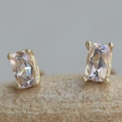 Rectangular Cut Morganite Earrings Pushback Studs Yellow Gold LS6387