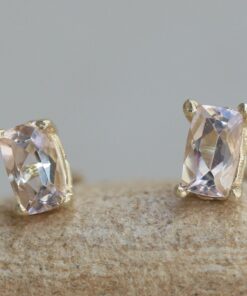 Rectangular Cut Morganite Earrings Pushback Studs Yellow Gold LS6387