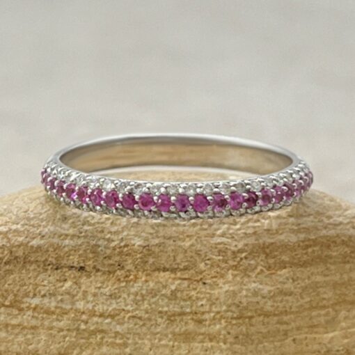 Round Cut Pink Tourmaline Triple Shank Ring White Gold Platinum LS4325