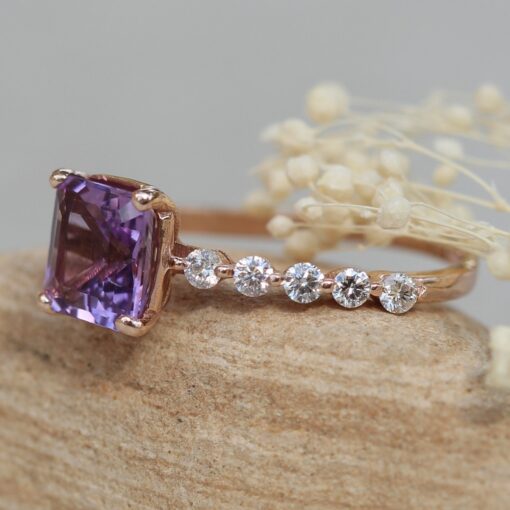 Solitaire Asscher Cut Purple Amethyst Engagement Ring Rose Gold LS6792