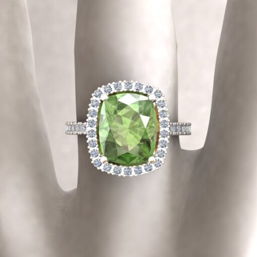 Custom Rectangular Cushion Prasiolite and Diamond Ring - Image 2