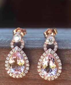 Pear Cut Pink Morganite Diamond Halo Dangle Earrings Rose Gold LS4335