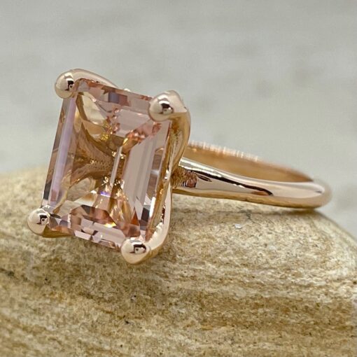 Emerald Cut Morganite Solitaire Engagement Ring Rose Gold Angle LS7014