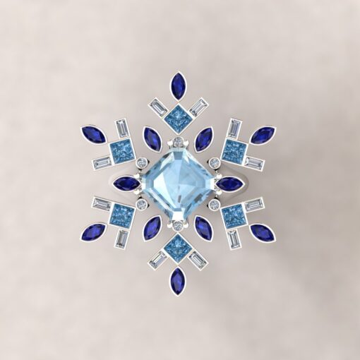 Custom Aquamarine, Diamond and Blue Sapphire Snowflake Designer Jewelry Set - Image 2