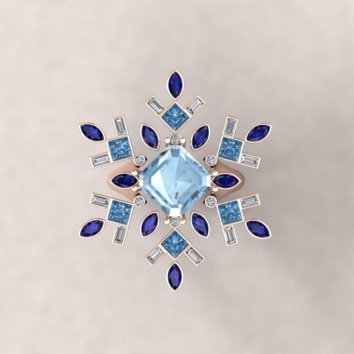 Custom Aquamarine, Diamond and Blue Sapphire Snowflake Designer Jewelry Set - Image 3