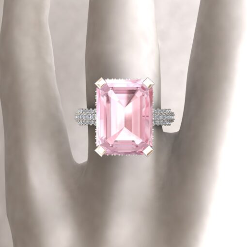 Custom AAA Rare Pink Emerald Cut 11 Carat Morganite and Diamond Ring - Image 3