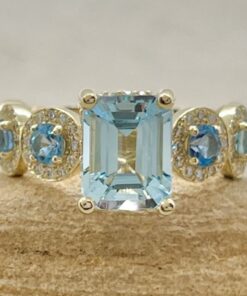 Emerald Cut Aquamarine Diamond Halo Engagement Ring Yellow Gold LS7182