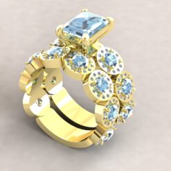 Emerald Cut Aquamarine Ring Round Diamond Halo Set Yellow Gold LS7249