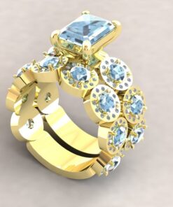 Emerald Cut Aquamarine Ring Round Diamond Halo Set Yellow Gold LS7249