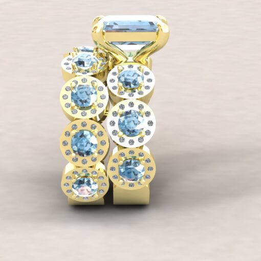 Genuine Emerald Cut Aquamarine Halo Bridal Ring Set Yellow Gold LS7249