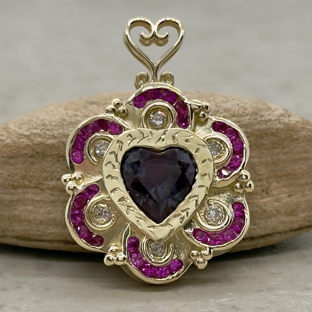 Custom Lab Alexandrite, Lab Ruby and Diamond Pendant - Image 2