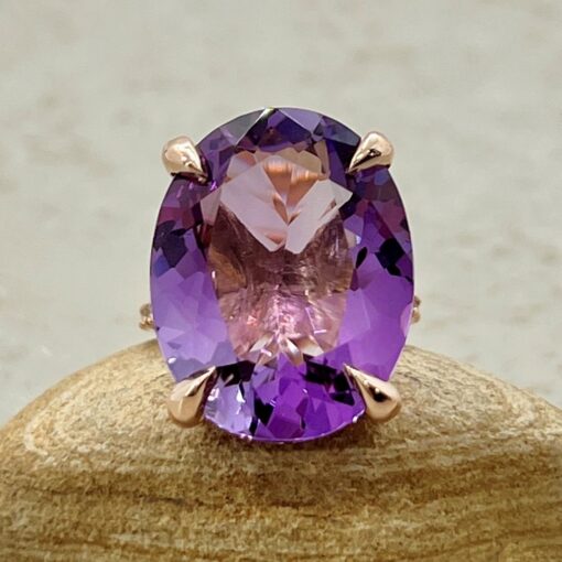 Oval Cut Lilac Amethyst Fang Prong Ring Diamond Shank Rose Gold LS7126